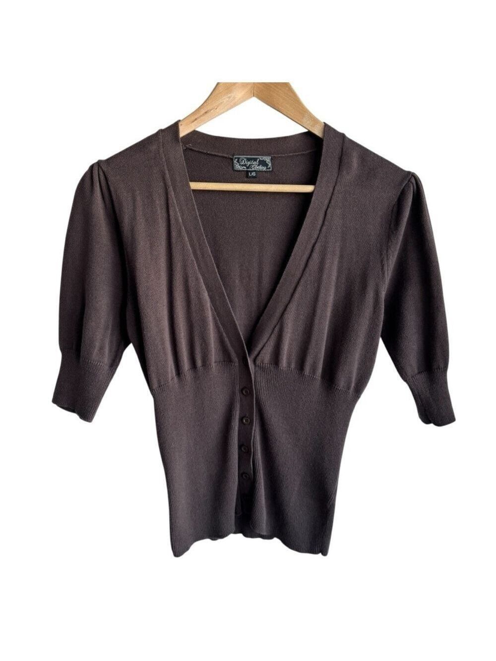 Y2K Fitted Cardigan Top Sz M Chocolate Brown Puff Sleeve Sweater Deep V 2000s